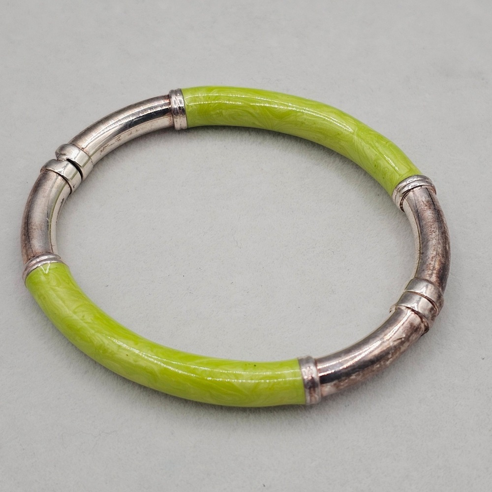 Milor Italy Sterling Silver Lime Green Enamel Clamp Bracelet READ 6.75-7"